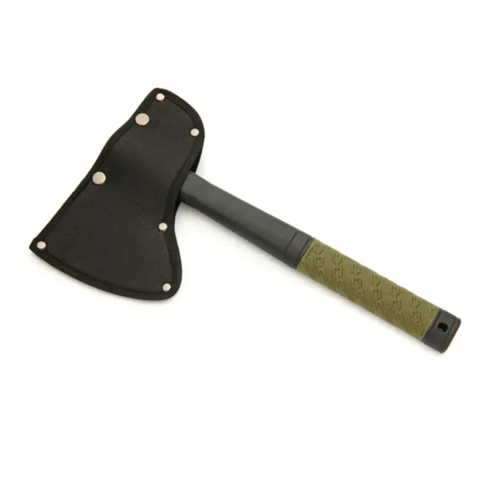 Whitby Outdoor Tomahawk Survival Axe sheathed on a white background