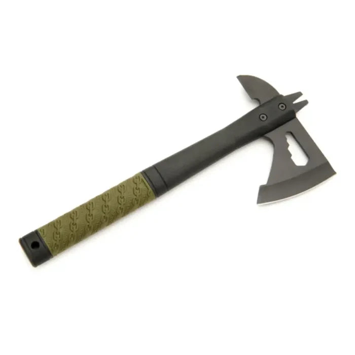 Whitby Outdoor Tomahawk Survival Axe unsheathed on a white background shown on the reverse side