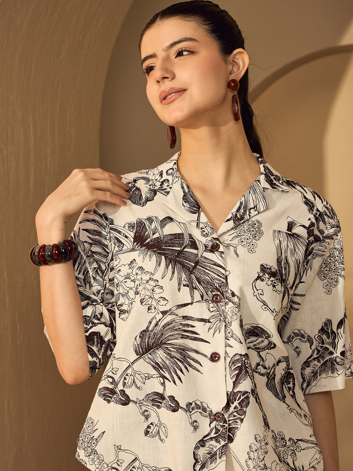 White & Brown Floral Printed Shirt Trousers Co-ord Set for Women