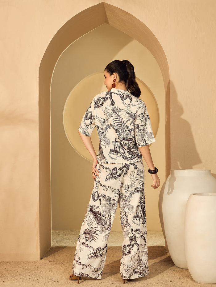 White & Brown Floral Printed Shirt Trousers Co-ord Set for Women