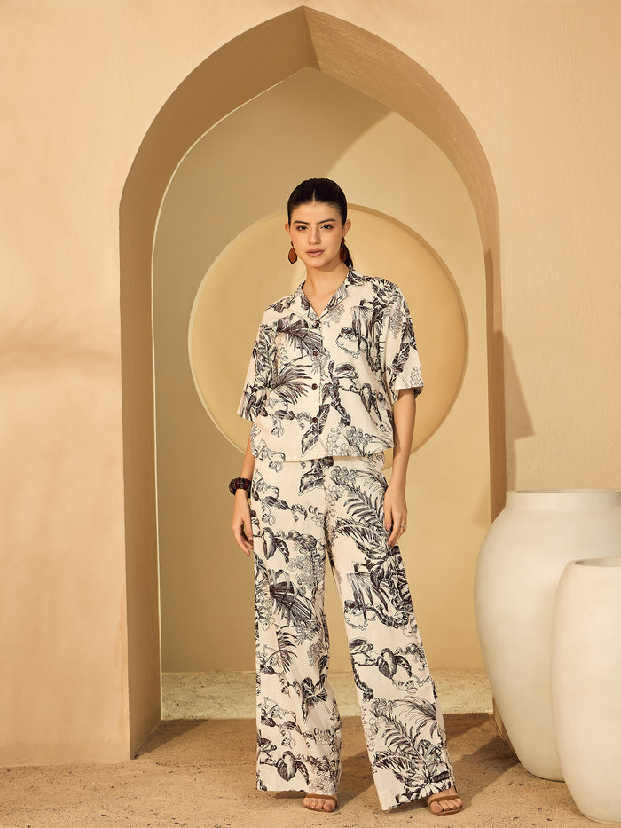 White & Brown Floral Printed Shirt Trousers Co-ord Set for Women