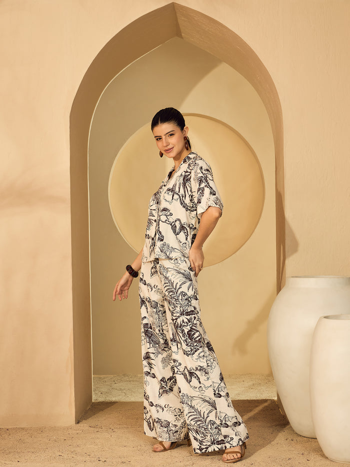 White & Brown Floral Printed Shirt Trousers Co-ord Set for Women