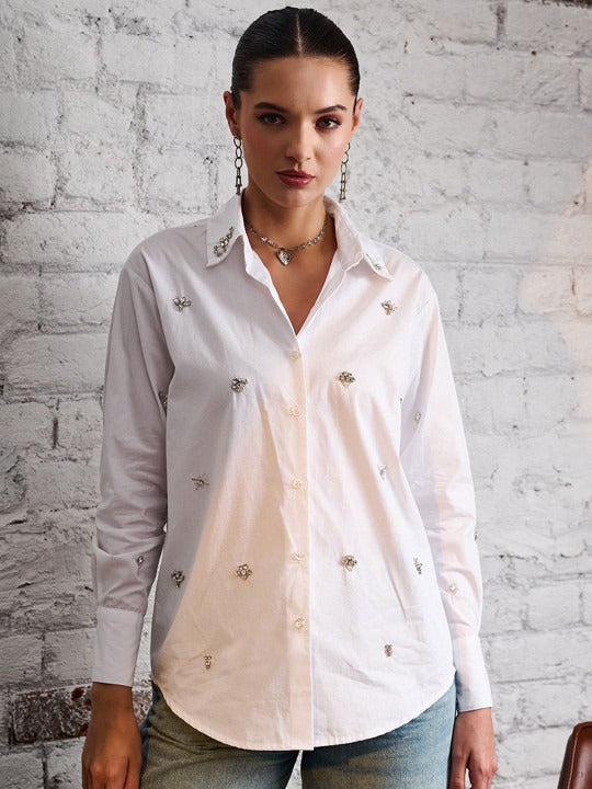 White Embellished Party Shirt for Women