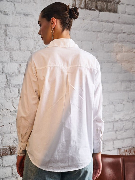 White Embellished Party Shirt for Women