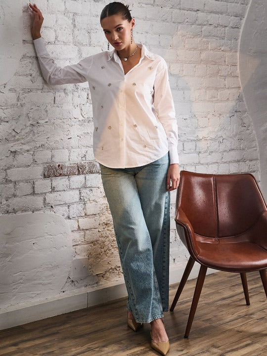 White Embellished Party Shirt for Women