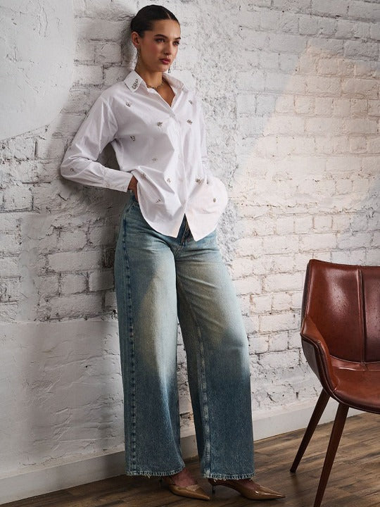 White Embellished Party Shirt for Women
