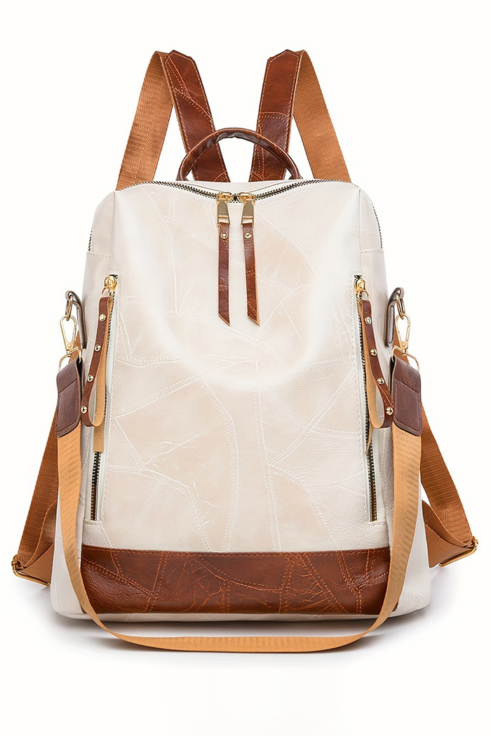 White Multi Compartment Zipper PU Leather Large Capacity Backpack