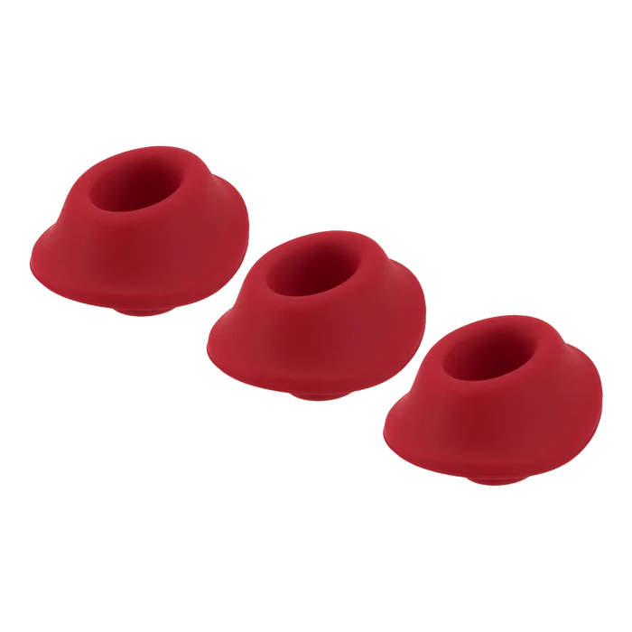 Tre røde Womanizer stimuleringshoder i myk silikon for Premium, Classic og Liberty