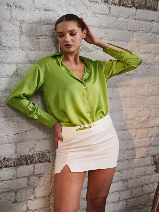 Women Green Solid Party Shirt | Spread Collar Long Sleeve Top
