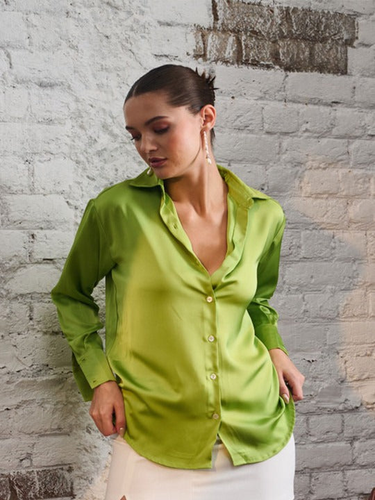 Women Green Solid Party Shirt | Spread Collar Long Sleeve Top