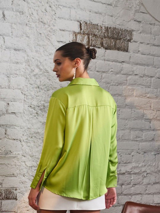 Women Green Solid Party Shirt | Spread Collar Long Sleeve Top