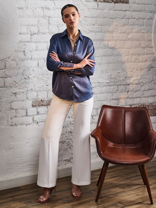 Women Grey Solid Casual Shirt | Spread Collar Long Sleeve Top