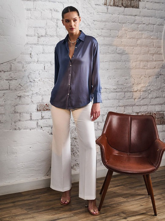 Women Grey Solid Casual Shirt | Spread Collar Long Sleeve Top