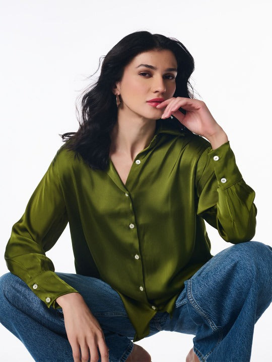 Women Olive Green Opaque Party Shirt | Spread Collar Long Sleeve Top