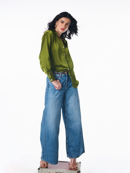 Women Olive Green Opaque Party Shirt | Spread Collar Long Sleeve Top