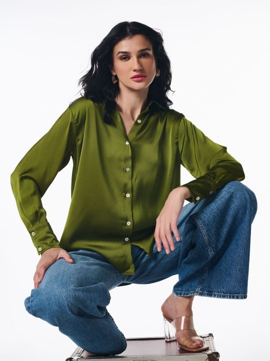 Women Olive Green Opaque Party Shirt | Spread Collar Long Sleeve Top