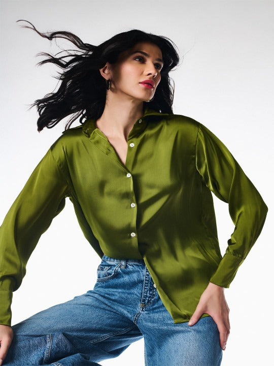 Women Olive Green Opaque Party Shirt | Spread Collar Long Sleeve Top