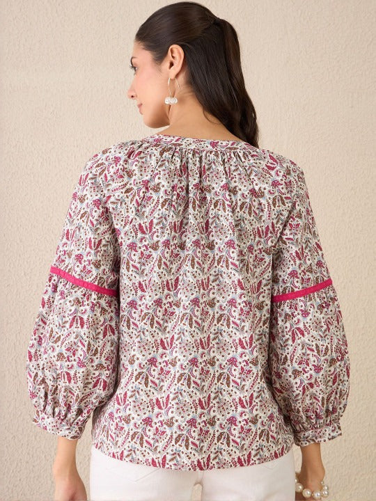 Women White & Pink Floral Printed Boho Top with Gathered Neck & Balloon Sleeves