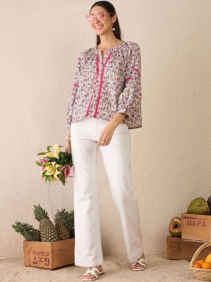 Women White & Pink Floral Printed Boho Top with Gathered Neck & Balloon Sleeves