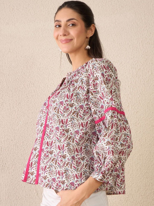 Women White & Pink Floral Printed Boho Top with Gathered Neck & Balloon Sleeves