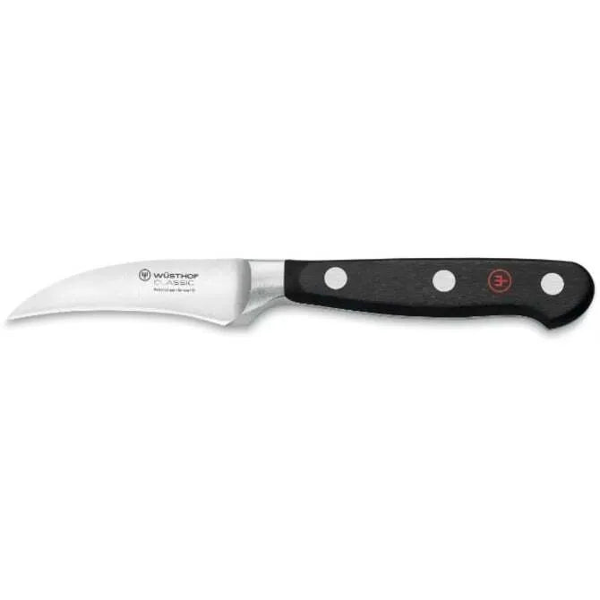 A Wusthof Classic peeling knife with a 2.8-inch carbon steel blade and black plastic handle with red accents.
