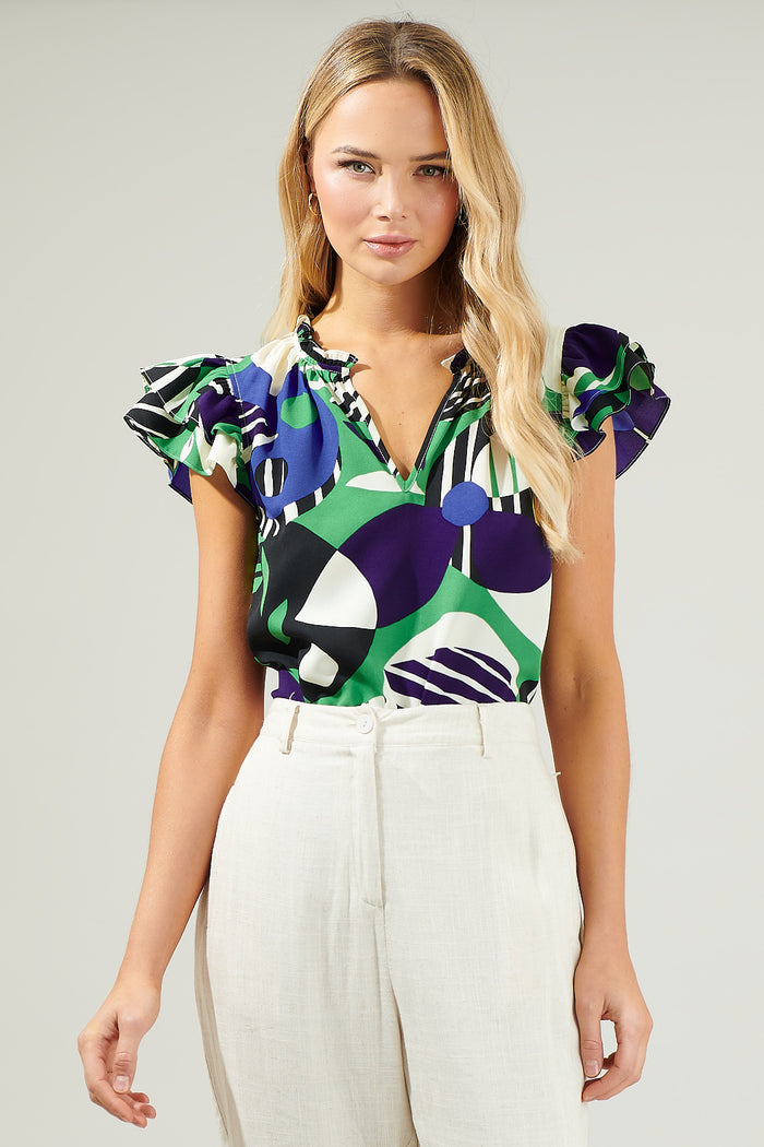 Xandria Geometric Bellissima Ruffle Sleeve Top