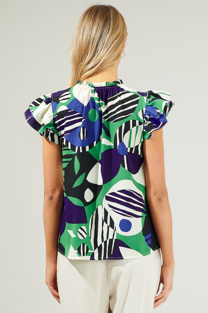 Xandria Geometric Bellissima Ruffle Sleeve Top
