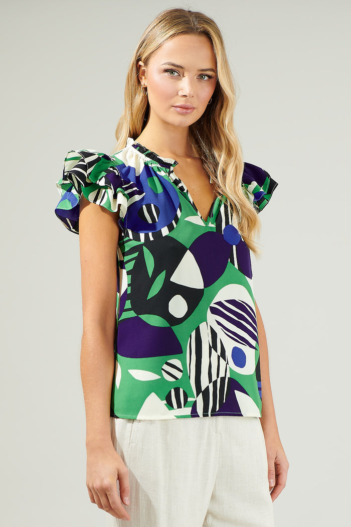 Xandria Geometric Bellissima Ruffle Sleeve Top