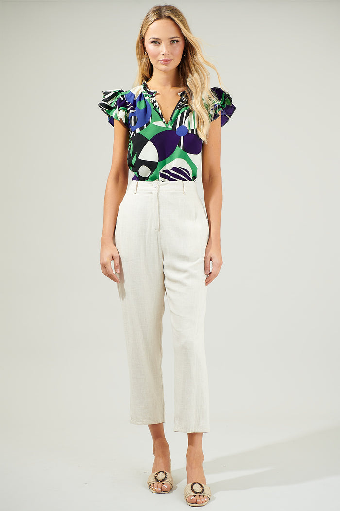 Xandria Geometric Bellissima Ruffle Sleeve Top