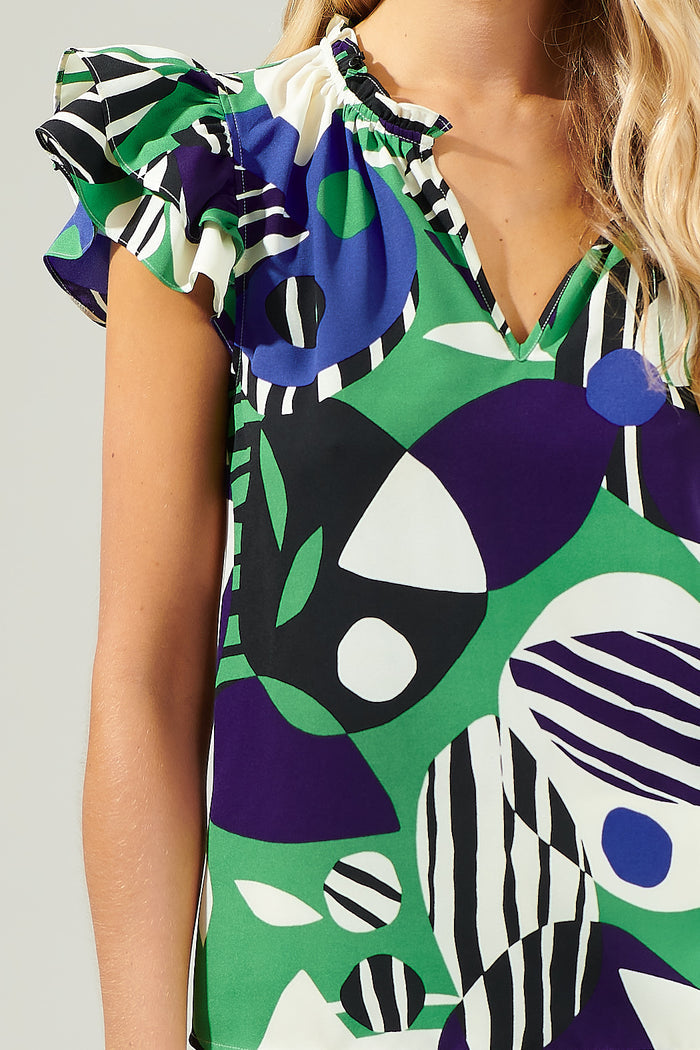 Xandria Geometric Bellissima Ruffle Sleeve Top