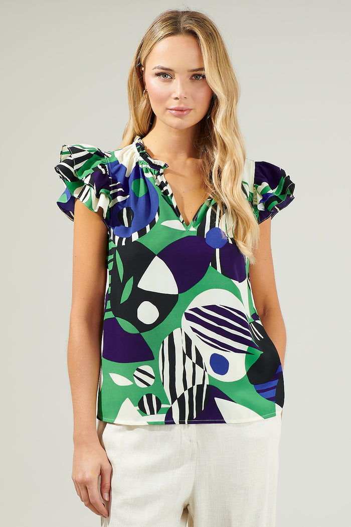 Xandria Geometric Bellissima Ruffle Sleeve Top