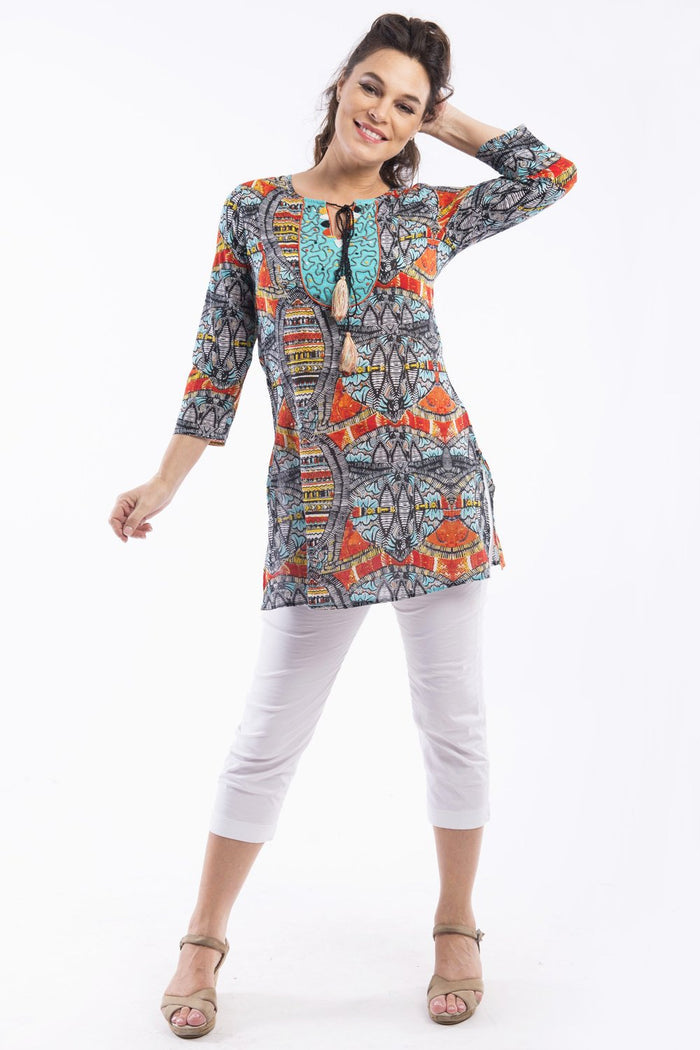 Yoraba Kurta Tunic by Orientique featuring lightweight fabric, intricate patterns, and a relaxed, bohemian style for casual wear.
