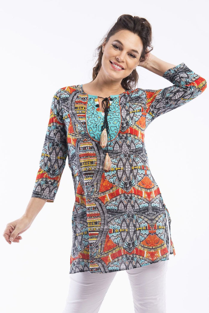 Yoraba Kurta Tunic by Orientique featuring vibrant patterns, lightweight fabric, and relaxed fit for casual or festive wear.